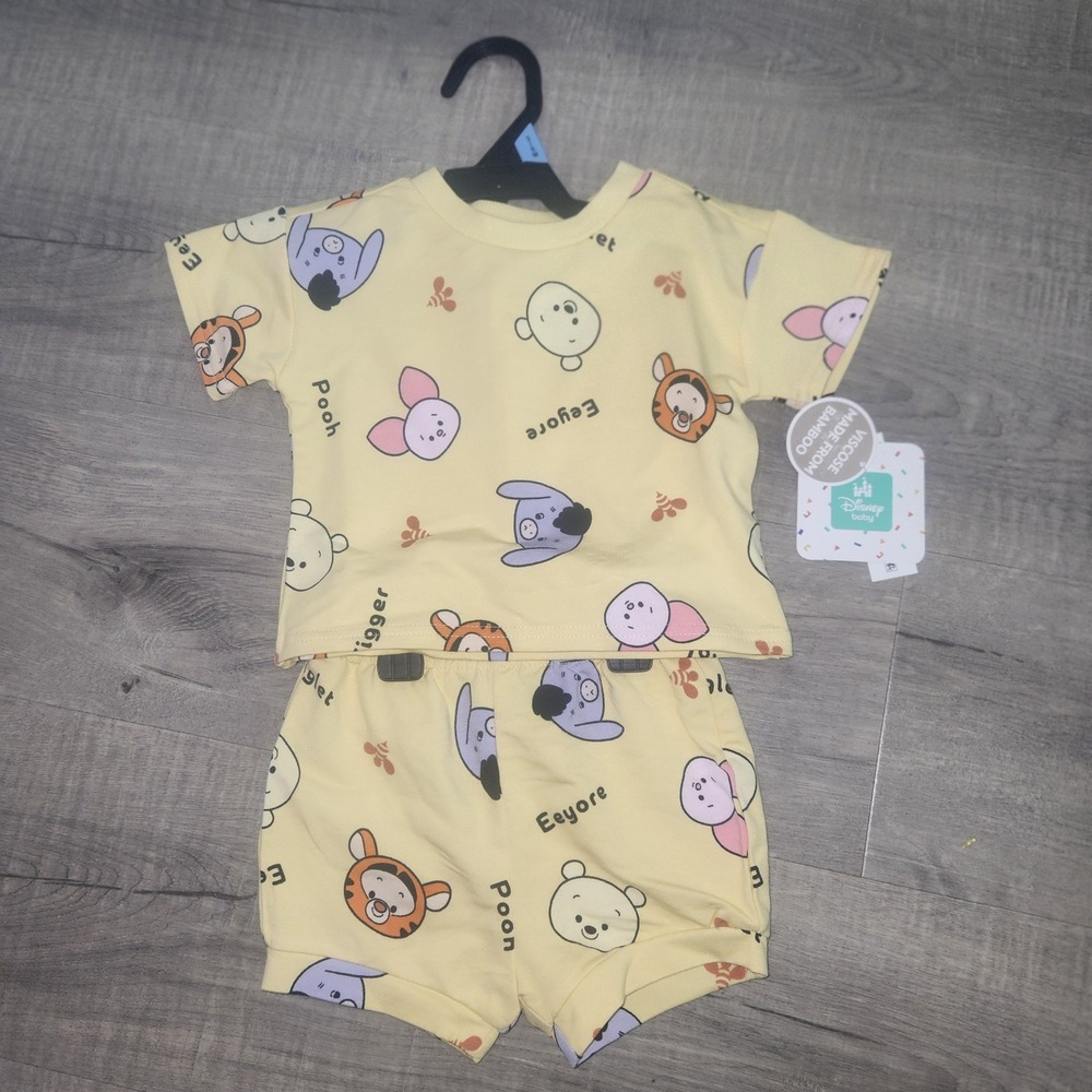 Disney Baby Winnie the Pooh Bamboo Viscose 2pc Set Yellow Tigger Eeyore 3/6 M - Picture 2 of 11